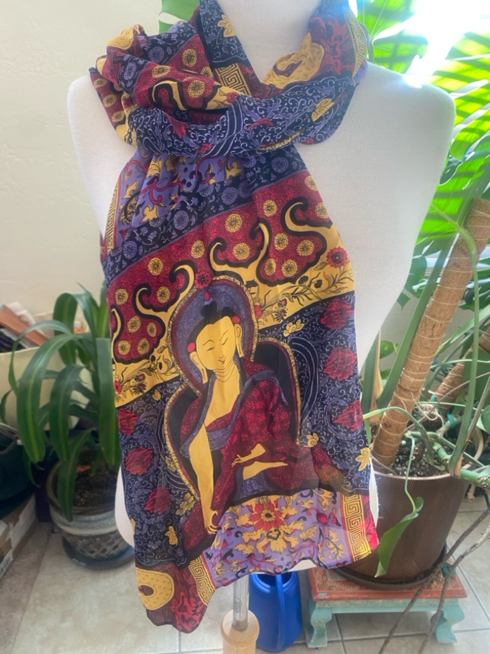 Buddha Print Lightweight Scarf in Navy, Red & Gold